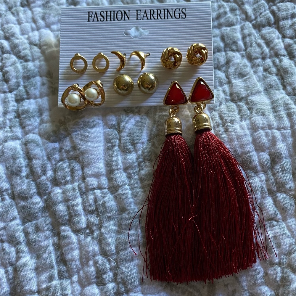 NWOT Set of 6 Gold and Red Tassel Earrings